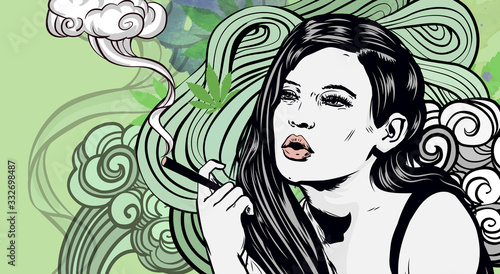 Woman smoking joint. Cannabis leaf on the watercolor background