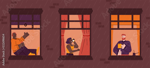 Windows with neighbors daily life in apartments, flat cartoon vector illustration.