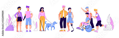 Disabled people with friends - cartoon isolated set of men and women