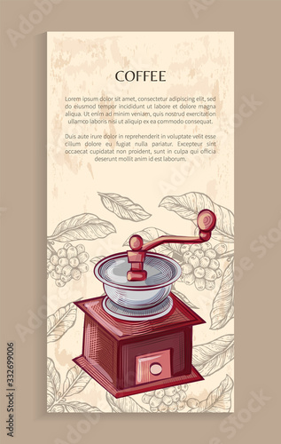 Coffee grinder, sketch of old-fashioned machine with handle for grinding beans, poster or banner advertisement template. Handmade grind tool vector