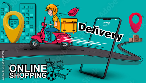 Fast delivery by scooter. Vector cartoon illustration. All time service food, drink, electronic, music, package and drug.