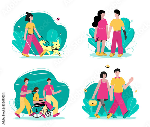 Set of handicapped people walking flat cartoon vector illustration isolated.