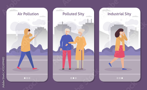 People in polluted industrial city with smog, coughing, respirator masks set of banners, flat vector illustration. Air pollution in city streets. Carbon dioxide emissions polutes air concept.