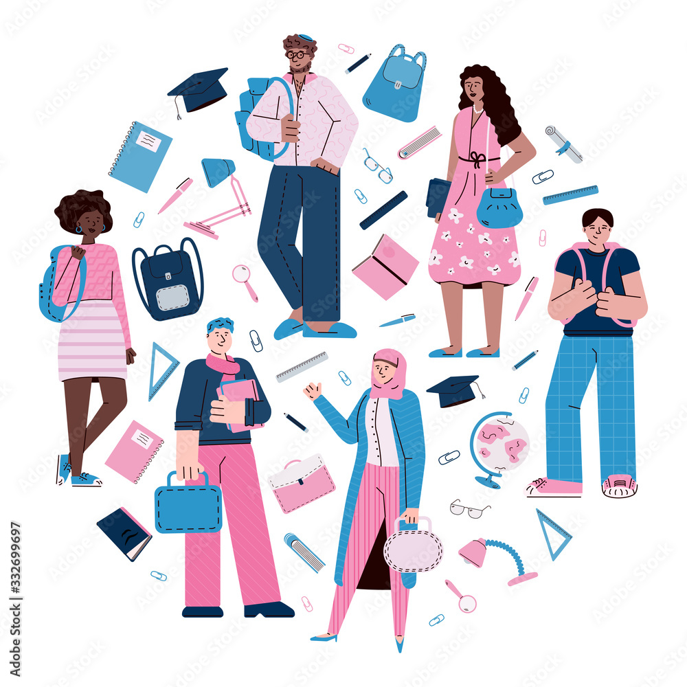 University education concept with students, flat cartoon vector illustration. University education concept with students, flat cartoon vector illustration.