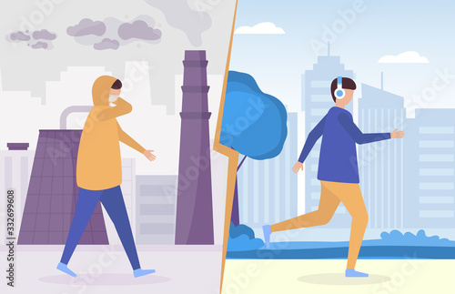 People in polluted industrial city with smog, coughing with respirator mask vs healthy clean air in ecologically save city flat vector illustration. Air pollution in streets ecology problem.