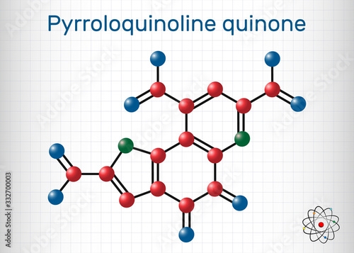 Pyrroloquinoline quinone,  PQQ , methoxatin  C14H6N2O8 molecule. It has a role as a water-soluble vitamin and a cofactor. Sheet of paper in a cage