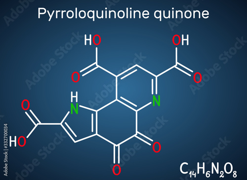 Pyrroloquinoline quinone,  PQQ , methoxatin  C14H6N2O8 molecule. It has a role as a water-soluble vitamin and a cofactor. Structural chemical formula on the dark blue background