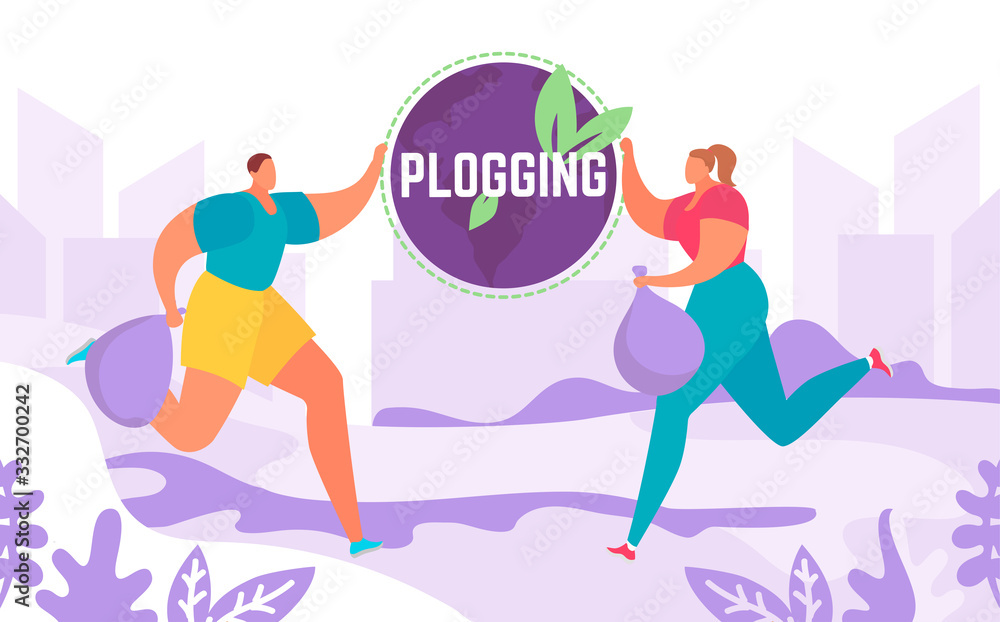 Plogging banner lets running and picking up litter man and woman, clear the world, vector illustration eco marathon. Recycle while jogging eco activists movement for ecology protection.