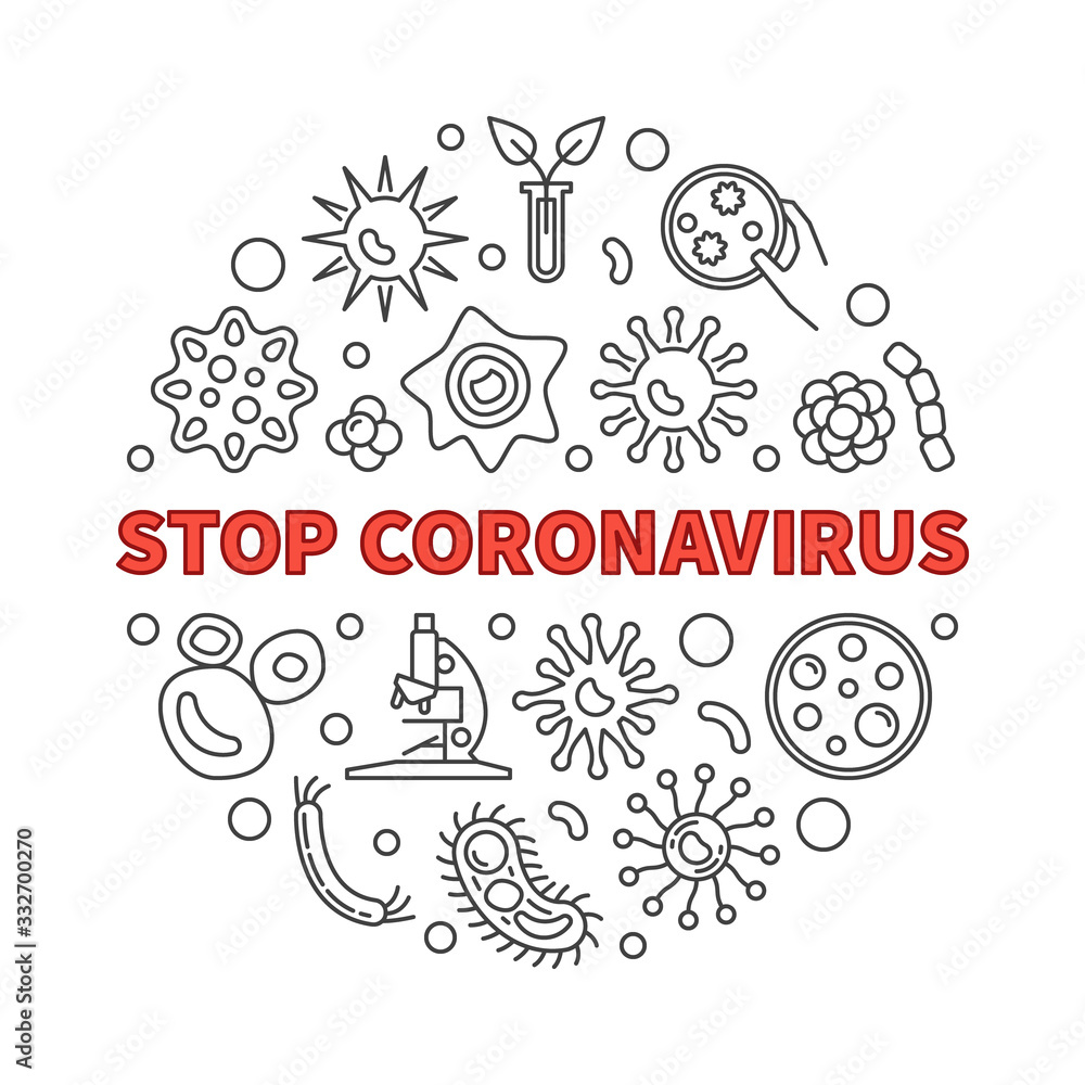 Stop Coronavirus vector concept round minimal illustration in thin line style