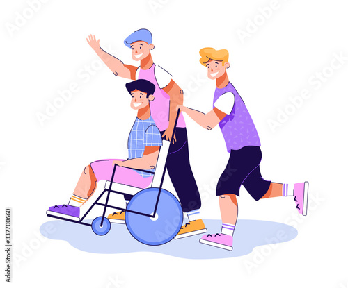 Friends having fun with their disabled mate, flat vector illustration isolated.