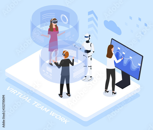 People testing innovative technologies. Man and woman interacting with help of cyberspace, talking to robot. Supervisor monitoring brain activities of humans. Lab experiment vector in isometric style