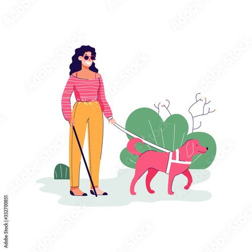 Blind woman character with guide dog flat sketch vector illustration isolated.