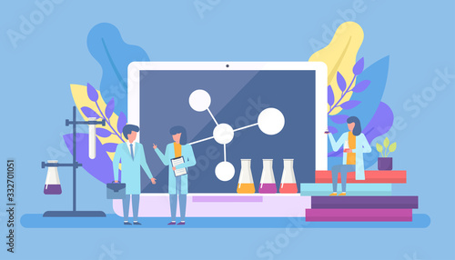 Scientist in laboratory, chemical scientifical research with scientists mini people and chemical formulas on huge computer sqreen and books flat vector illustration. Research in science lab.