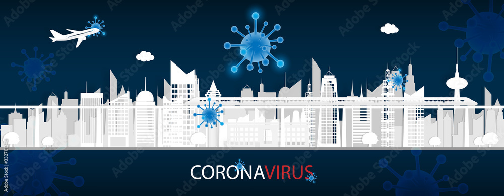Coronavirus, poster with coronavirus molecules on background of city. cov2019-ncov. - vector illustration.