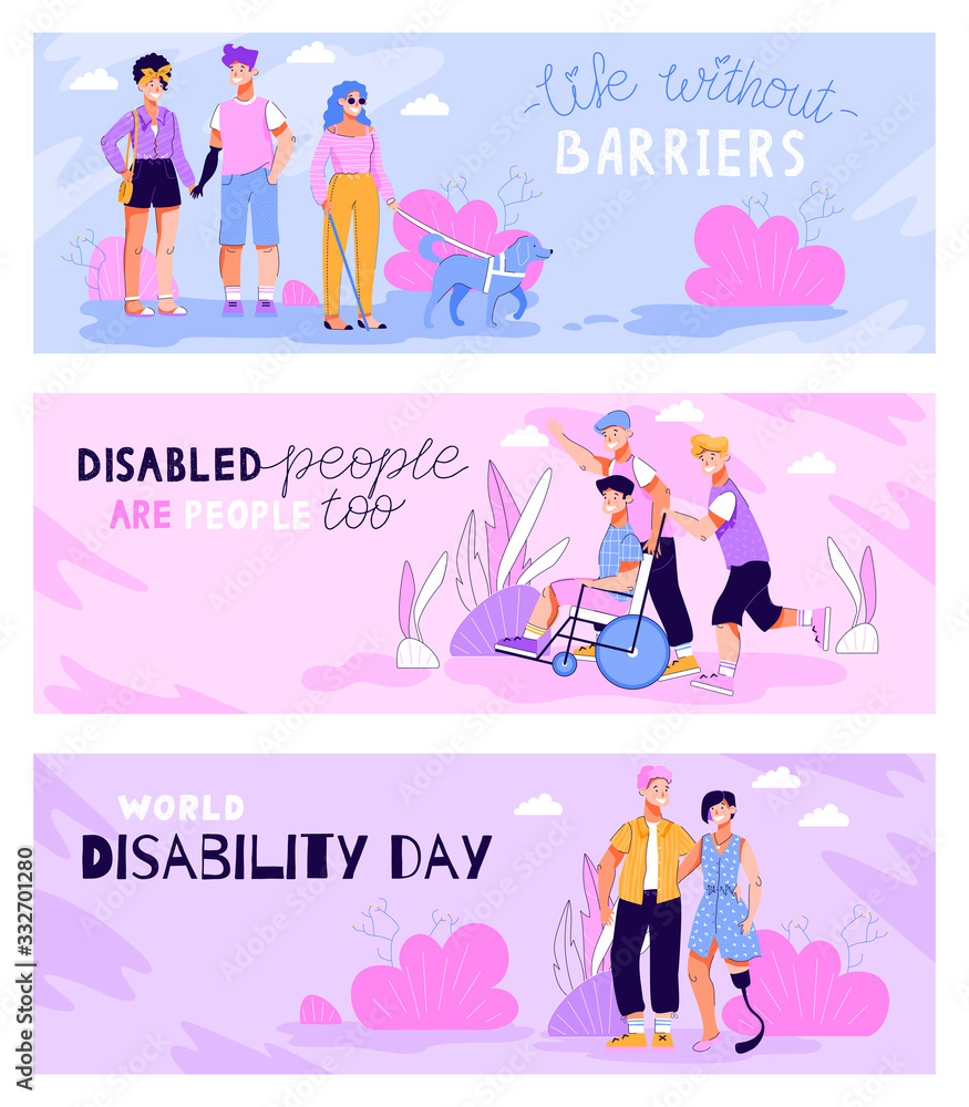 Set of banners for Disabled Day with characters flat vector illustration. Set of banners for Disabled Day with characters flat vector illustration.
