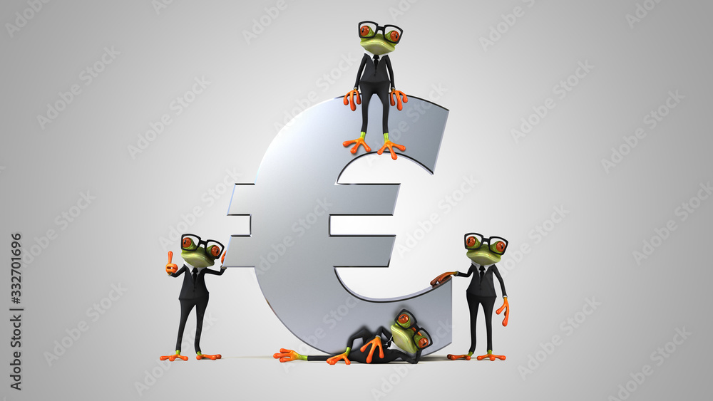 Obraz premium 3D Illustration of green frogs next to a euro