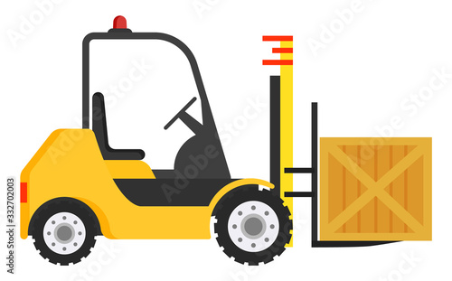 Forklift machine for loading and unloading packages. Yellow industrial truck used to lift and move materials over short distances. Wooden big box transportation within warehouse. Vector illustration