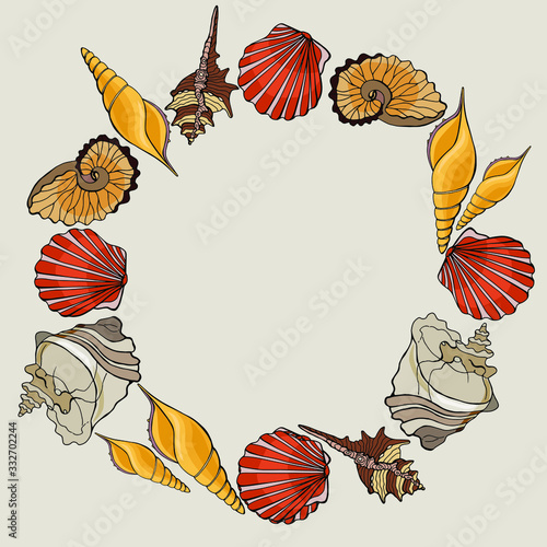 Frame round of seashells. Cartoon style illustration. Stock illustration. For postcard design, congratulations, greetings.