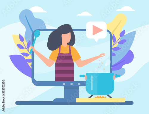 Video streamming online cook training vector illustration of girl teaching cooking course social media technologies. People and multimedia, video tutorials and televison.