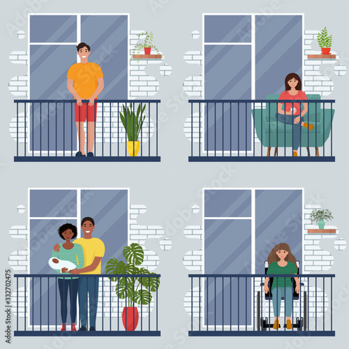 People on balconies. Coronavirus concept. Stay at home during the coronavirus epidemic. Keep your distance. Cute vector illustration in flat style