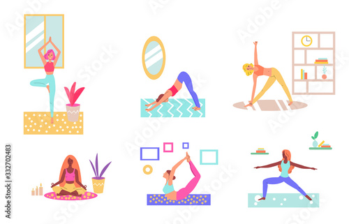 Women doing yoga at home - cartoon set of people stretching in living room