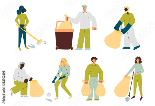 Set of diverse people characters cleaning streets sketch vector illustration.