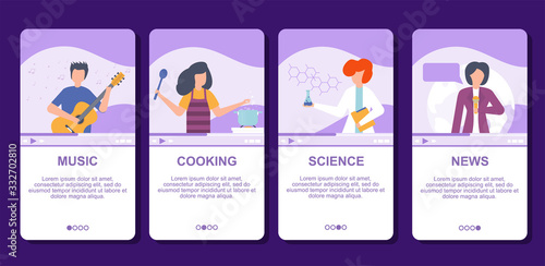 Video music, science, cooking and news tv blog in internet online vector illustration live video streaming, social media technologies. V-blogging people and multimedia, televison web banners.