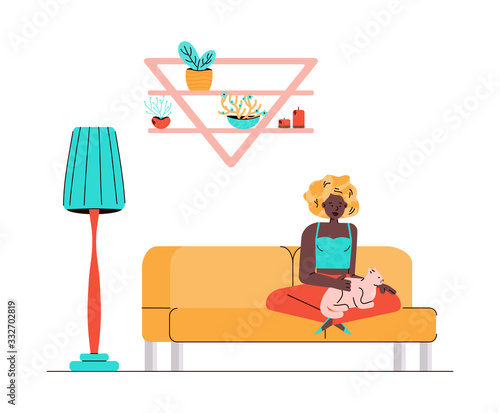 Woman on couch caresses cat, flat vector illustration in sketch style isolated.
