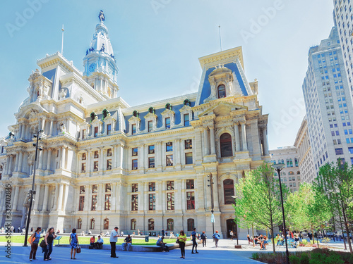 Philadelphia City Hall with tourists at the Penn Square