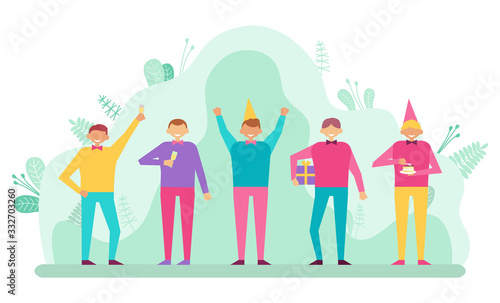 Group of cheerful people celebrating birthday party. Friends wearing cone hats  eating cake and drinking champagne. Festive mood  gift boxes vector