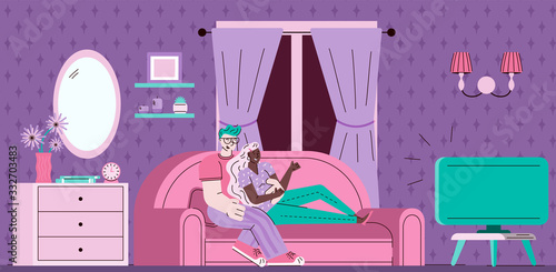 Cartoon couple watching TV on sofa - man and woman in living room interior