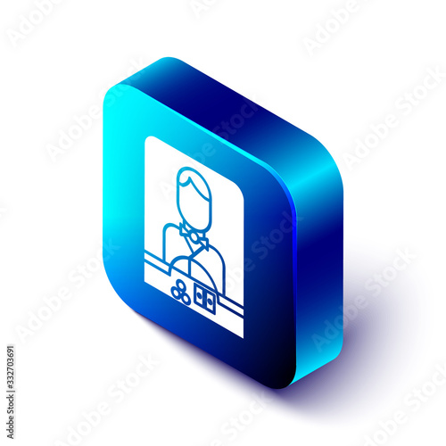 Isometric Casino dealer icon isolated on white background. Casino croupier. Blue square button. Vector Illustration