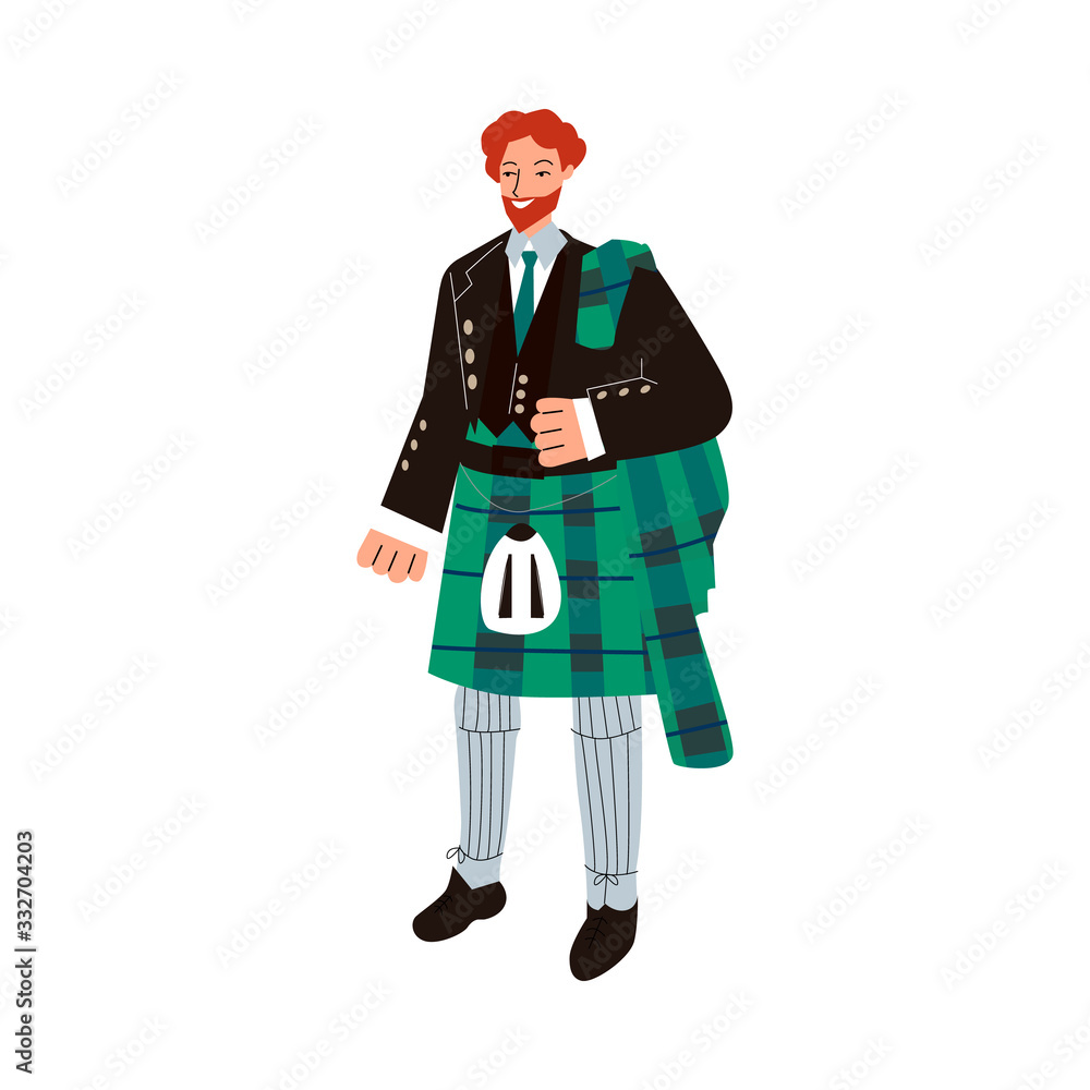 Ginger man in traditional male Scottish costume - green tartan suit with kilt skirt.