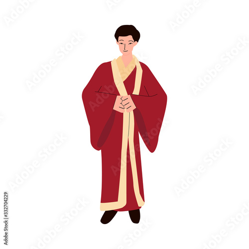 Japanese man cartoon character in kimono sketch vector illustration isolated.