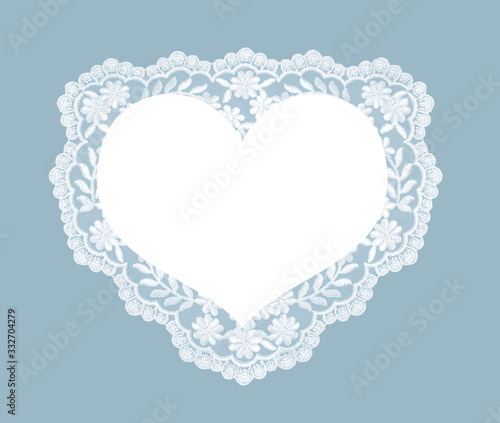 Invitation, greeting or wedding card with white lace on blue background. Heart shape banner. 
