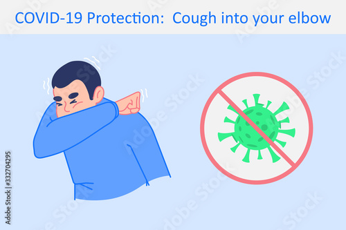 Coronavirus Covid-19 protection concept. Man coughs into his elbow to prevent other people from risk, safety rule to preventing infection in crowd, infographics vector
