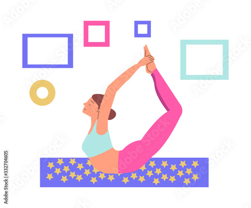 Woman doing stretching yoga exercises sketch vector illustration isolated.