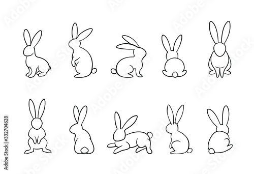 bunny outline vector set, rabbits in different position collection, monochrome, easter, line art, outline, isolated on white background photo