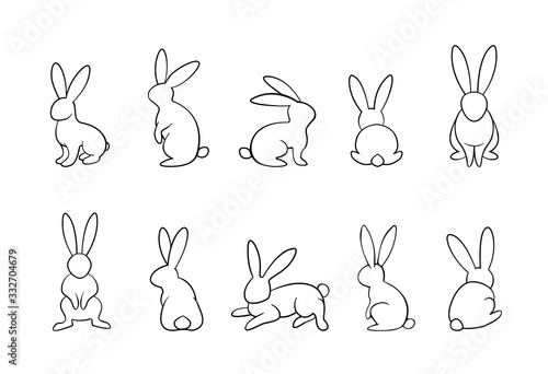 bunny outline  set, rabbits in different position collection, monochrome, easter, line art, outline, isolated on white background