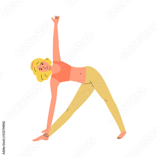 Blond woman performing triangle yoga asana flat vector illustration isolated.