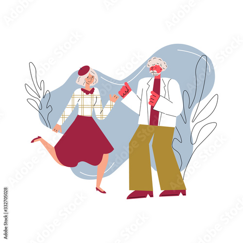 Senior couple characters dancing or dating sketch vector illustration isolated.