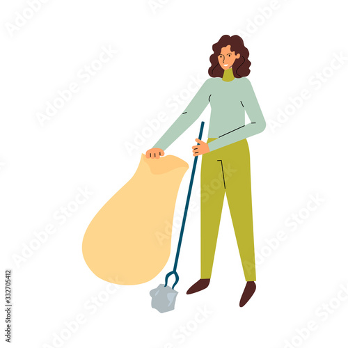 Cartoon woman picking up garbage from street with trash picker tool into plastic bag.