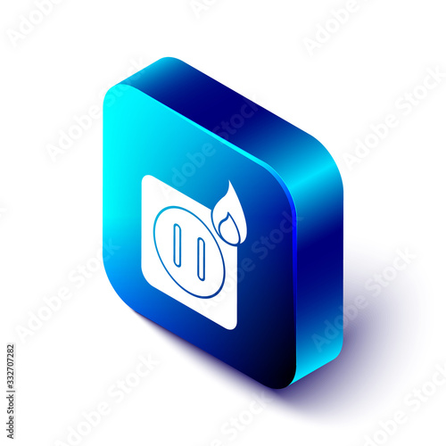 Isometric Electric wiring of socket in fire icon isolated on white background. Electrical safety concept. Plug outlet on fire. Blue square button. Vector Illustration