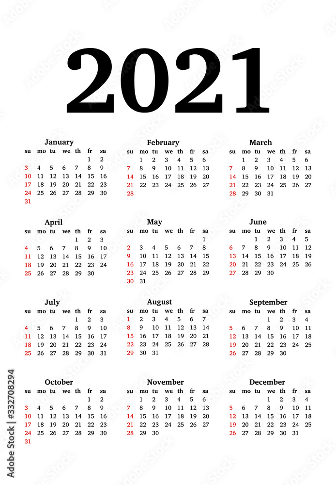 Calendar for 2021 isolated on a white background Calendar for 2021 isolated on a white background