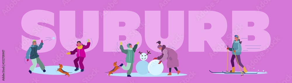 Winter suburb street set. Children snowboarding, skiing, playing snowballs, having fun. Flat vector illustrations. Vacation, outdoor activity concept for banner, website design or landing web page Winter suburb street set. Children snowboarding, skiing, playing snowballs, having fun. Flat vector illustrations. Vacation, outdoor activity concept for banner, website design or landing web page