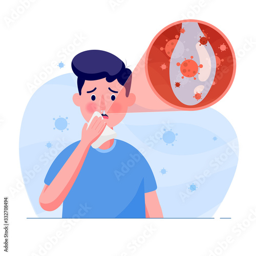 man have symptom cough, snot or secretion corona virus in flat style. illustration design concept of Healthcare and Medical. world Corona virus and covid-19 attack concept. 