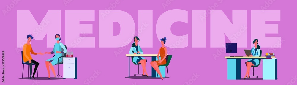 Doctor office set. Patient visiting physicians, nurses, hospital interior. Flat vector illustrations. Medical help, examination, treatment concept for banner, website design or landing web page Doctor office set. Patient visiting physicians, nurses, hospital interior. Flat vector illustrations. Medical help, examination, treatment concept for banner, website design or landing web page