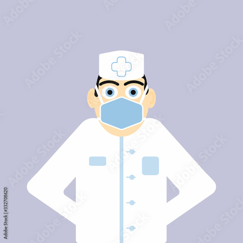 Funny doctor in a medical mask. Flat vector illustration.