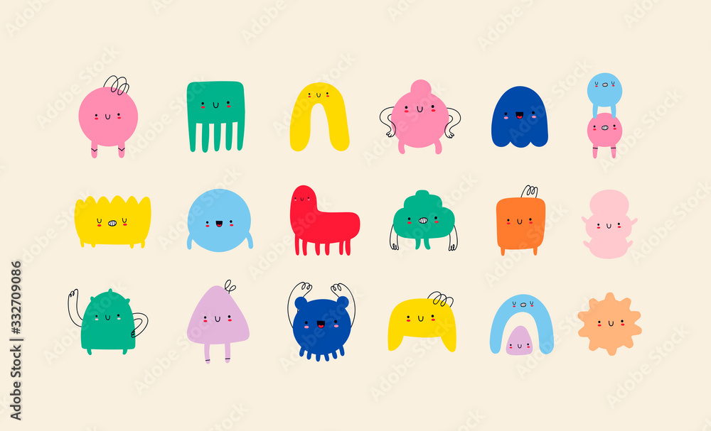 Hand drawn cute Tiny Little Doodle Monsters. Cheerful face emotions. Colorful big Vector set. Trendy illustration for kids. All elements are isolated Hand drawn cute Tiny Little Doodle Monsters. Cheerful face emotions. Colorful big Vector set. Trendy illustration for kids. All elements are isolated