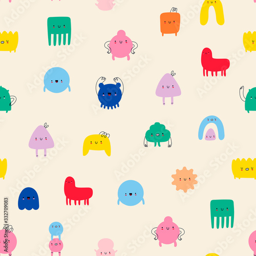 Hand drawn cute Tiny Little Doodle Monsters. Cheerful face emotions. Colorful Vector Seamless pattern. Trendy illustration for kids. Perfect for textile prints